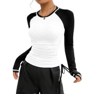 SOFIA'S CHOICE Women's Color Block Long Sleeve Raglan T Shirt Drawstring Side Ruched Tee Top White Black D XX-Large