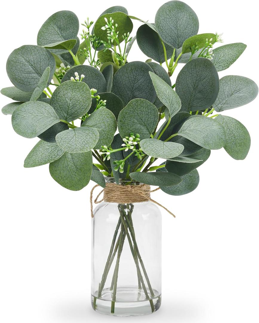 Der Rose 13.5" Fake Plants for Bathroom Decor Artificial Eucalyptus Stems in Clear Glass Vase with Faux Water for Office Desk Accessories Home Table Centerpiece DecorSage Green