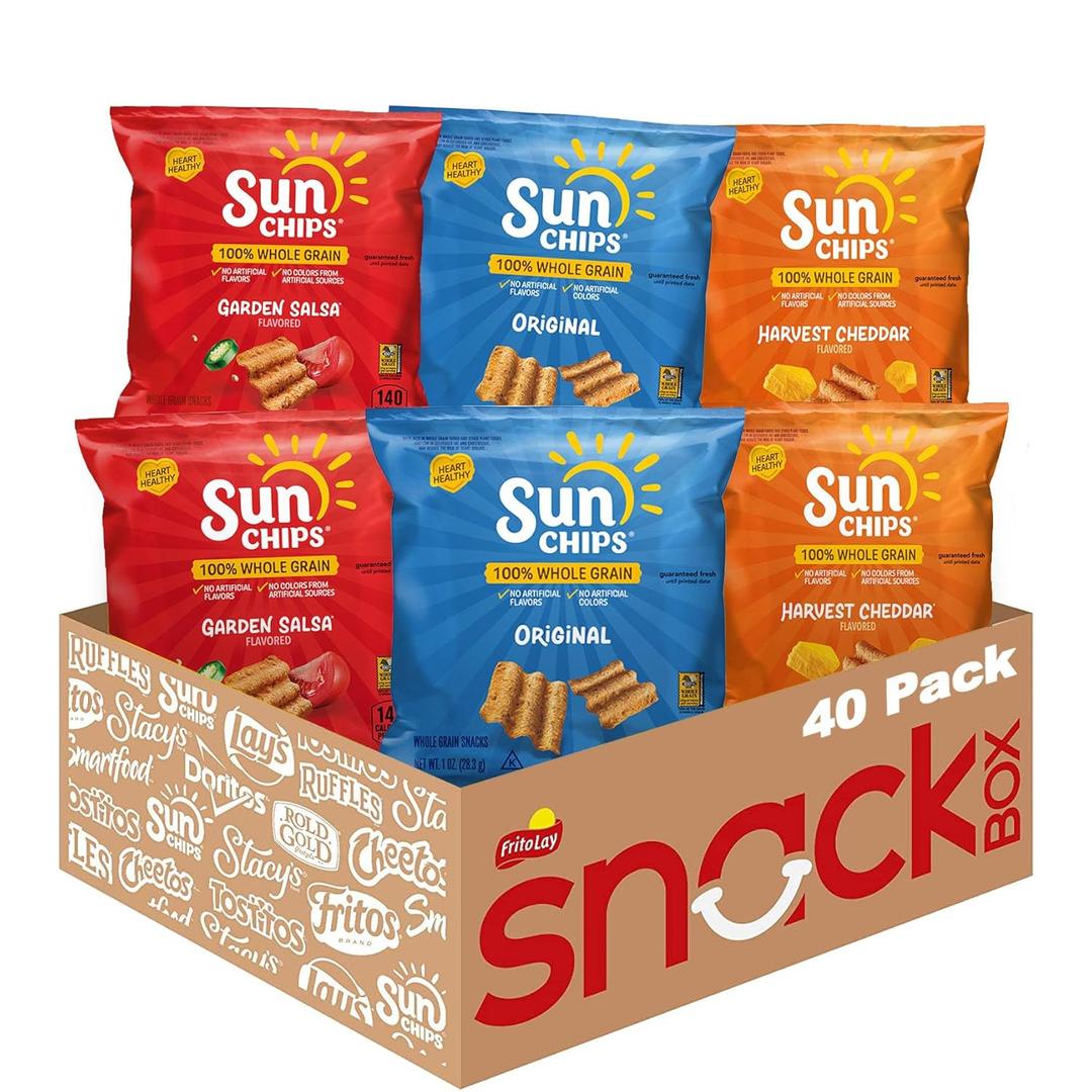 SunChips 100% Whole Grain Chips, Variety Pack, 1 oz Bags, Pack of 40, No Artificial Flavors, Colors (EXP 07/28/26)