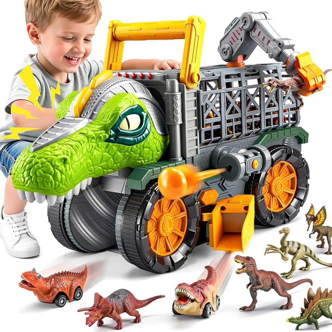 JOVA Vroomix Dinosaur Toy for Toddlers 2 3 4 5+ Year Old, Extra Large Dinosaur Monster Truck with Figures, T-Rex Toy with Launcher and Darts, Crane Arm & Tunnel, Jurassic Toy for Boys Birthday Gift