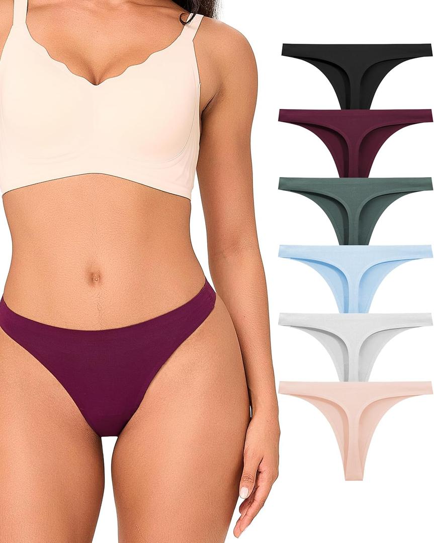 BAMBOO COOL Women's Thongs No Show Underwear Mid Waisted Seamless Pantie Tagless 6 Pack (Large)