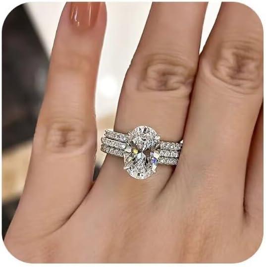 SUKKCCNO 3-Piece 925 Sterling Silver Luxury Oval Simulated Diamond Bridal Set, Stackable Engagement and Wedding Ring Set for Women, Cubic Zirconia Wedding Jewelry Size 8