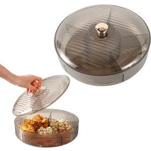 Divided Clear Snack Serving Tray with Lid, 6 Compartments Round Plastic Food Storage Organizer for Fruits, Nuts, Candies, Cookies, Stackable Snackle Box for Kitchen, Party and Picnic(Grey) (Gray)