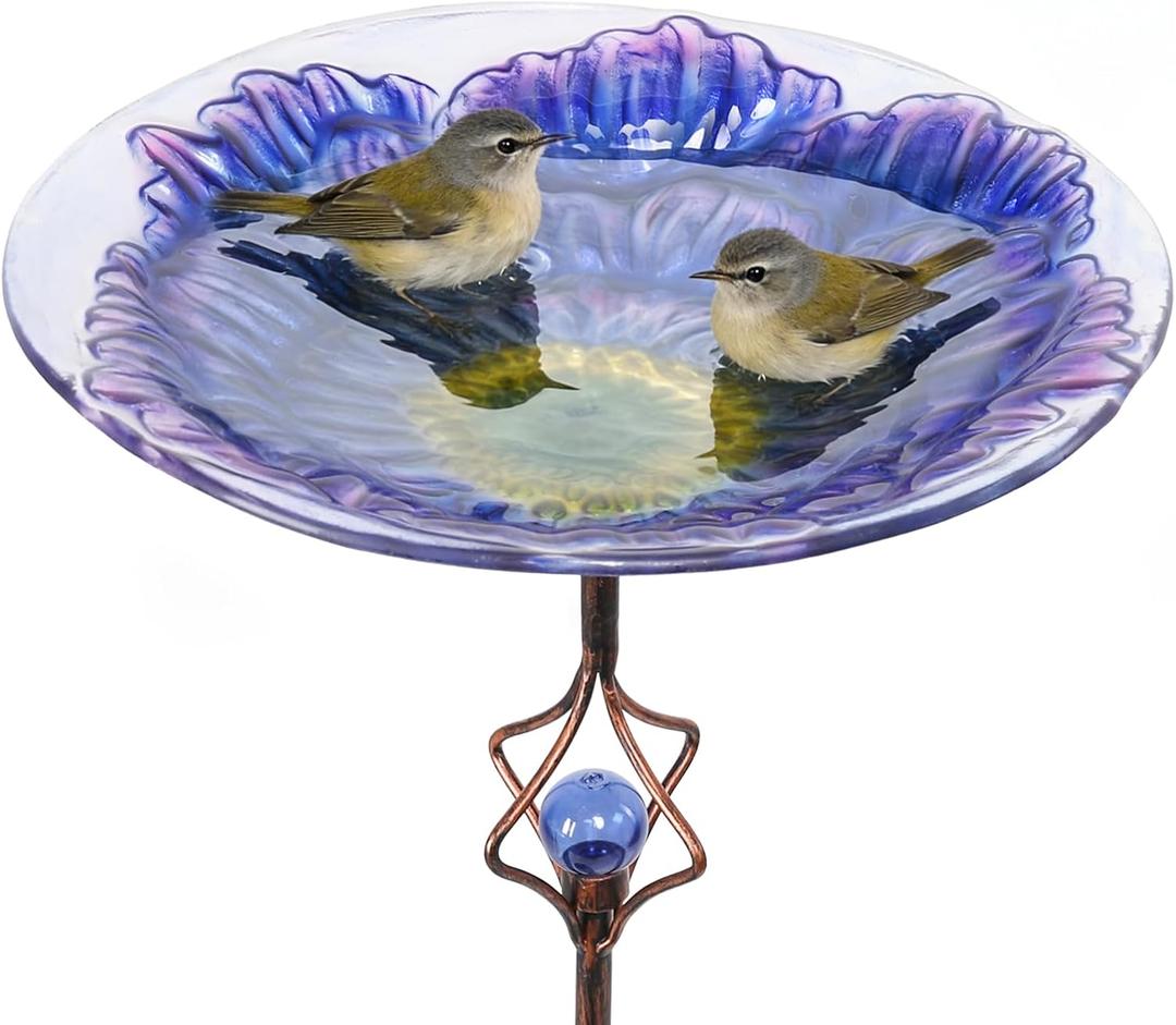 MUMTOP Solar Bird Bath for Outdoors with LED Lights, Glass Bowl Metal Stake Garden Bird Bath with Anti-Rust Iron Stand, Glowing Bird Feeder Water Station for Yard Lawn Patio Dcor, 30 Inch Height Blue