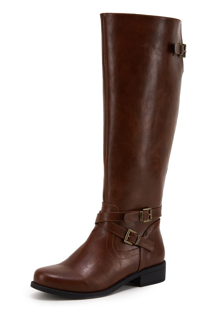 Ermonn Womens Knee High Boots Wide Calf Flat Low Heel Side Zipper Faux Leather Fashion Winter Riding Boot 9