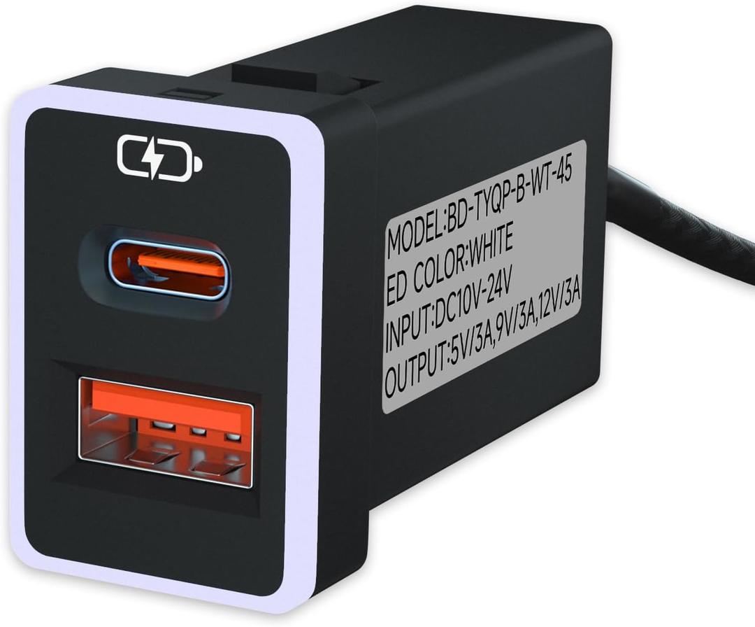 Car Charger PD QC3.0 Fast Charging Type c USB Port Socket,with LED Light Show for Toyota Compatible with Smart Phone,Tablet,and USB Device More.White-1.3x0.9inch