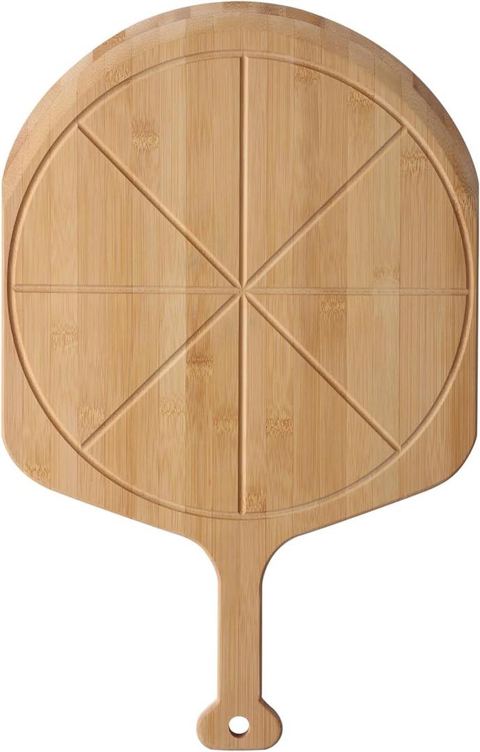 Fiery Chef 14 Bamboo Pizza Peel - Lightweight Smooth Wooden Pizza Paddle and Pizza Cutting Board with 8 Slice Grooves, Outdoor Pizza Oven Accessories, 21.6 Inch x 14 Inch
