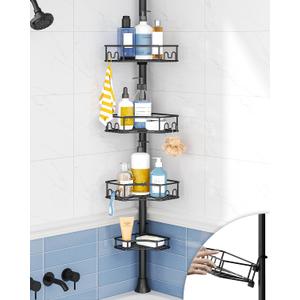 SEIRIONE Corner Shower Caddy Tension Pole, 4-Tier Rust-Free Shower Organizer Corner, Adjustable Shelf for Bathroom Storage, Easy-Install Standing Rack, 34 to 116Inch, Black