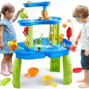 FRUSE Kids Water Table for Toddlers 3-5,3-Tier Splashing Sand Water Table Toys with Accessories,Activity Sensory Play Table for Summer Beach Backyard,Outdoor Toy for Kids Boys Girls Age 3 4 5 6 7 8