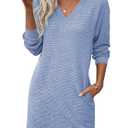EVALESS Womens Fall Dresses 2026 Long Sleeve V Neck Casual Dress Textured Loose Fit Shift Mini Dress with Pockets Beau Blue XX-Large (XXL)