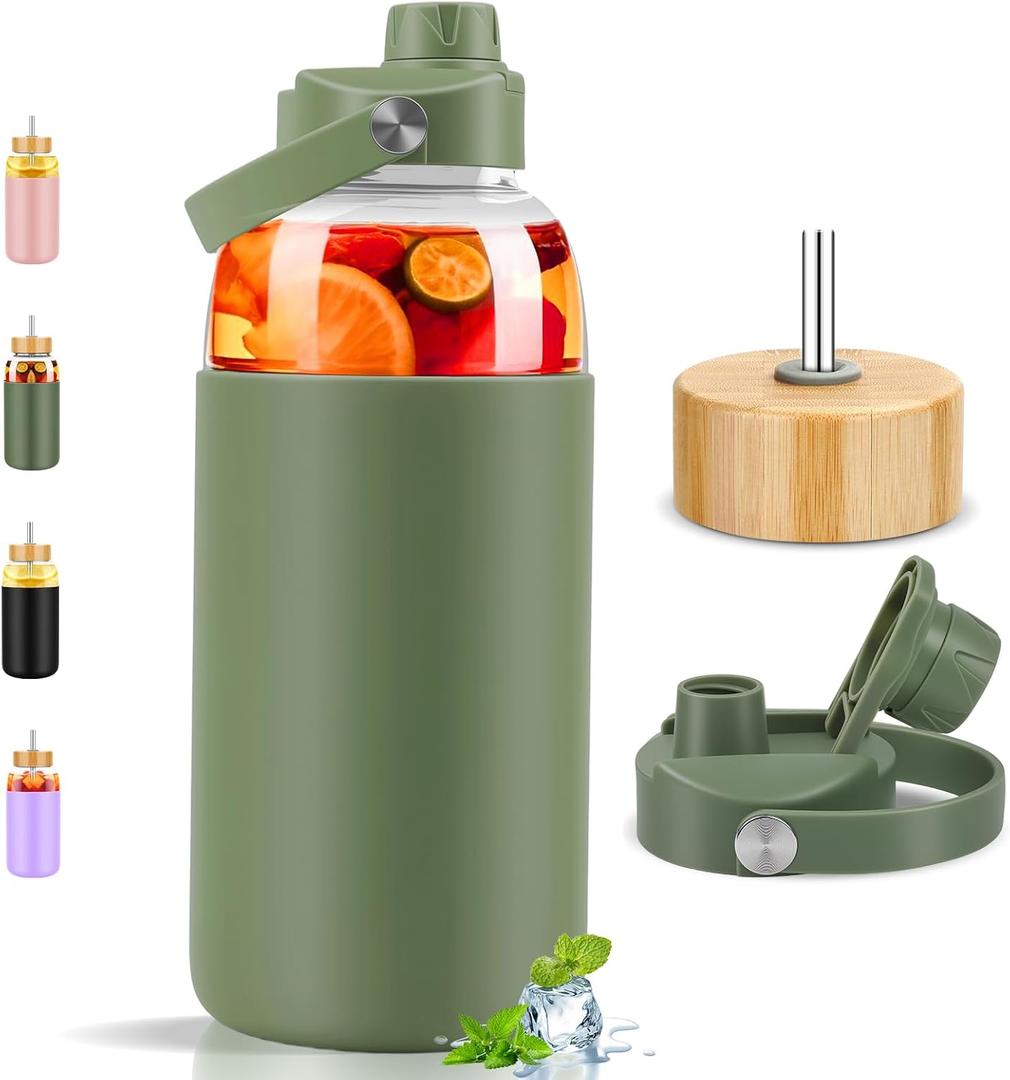 PROBTTL Glass Water Bottles 64 oz, Half Gallon Glass Water Bottle with Straw, Silicone Sleeve, 2 Lids - Handle Spout & Bamboo Straw Lid (Olive)