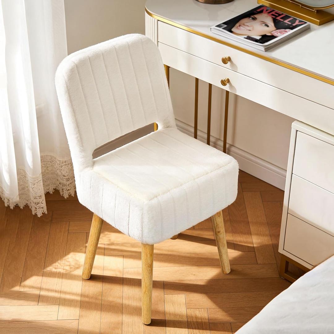 Shinoske Vanity Stool with Storage,White Faux Rabbit Fur Small Makeup Chair for Teenager,Storage Ottoman with Folding Back,Modern Footstool with 4 Solid Wood Legs for Bedroom,Living Room,Home Office