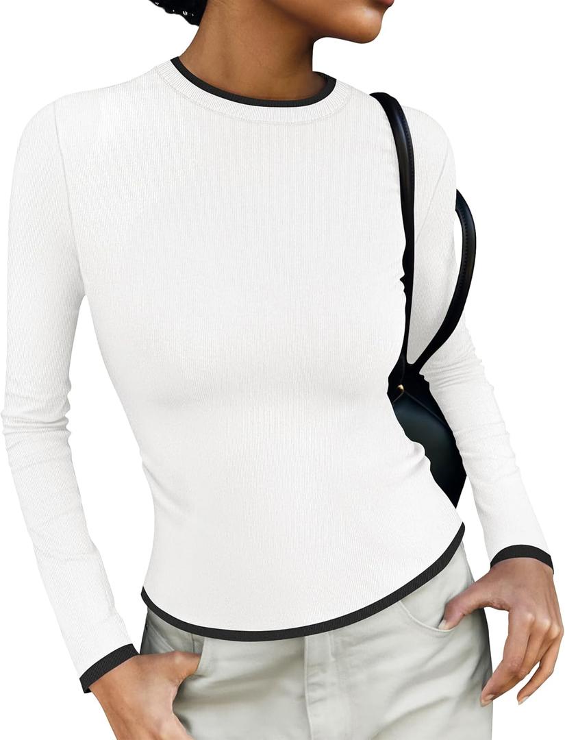 ZESICA Women's Long Sleeve Crewneck Shirts Spring Knit Slim Fitted Casual Basic Tee Sweater Tops (White, M)