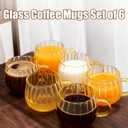 Viovian 12oz Clear Glass Coffee Mugs Set of 6 Ribbed Coffee Cups With Handles Modern Cute Glass Tea Mug Cup for Hot Beverage/Cappuccino/Latte/Cereal/Yogurt/Mocha/Milk