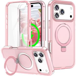 for iPhone 17 Pro Full Body Shockproof Case with Magnetic Invisible Stand [Compatible with MagSafe] Built-in Screen Protector Military Drop ProtectionTranslucent iPhone Cover -Pink