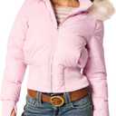 Womens Faux Fur Trim Hooded Jacket Winter Warm Quilted Puffer Bomber Padded Coat Utility Zipper Cropped Outwear (Small, Pink)