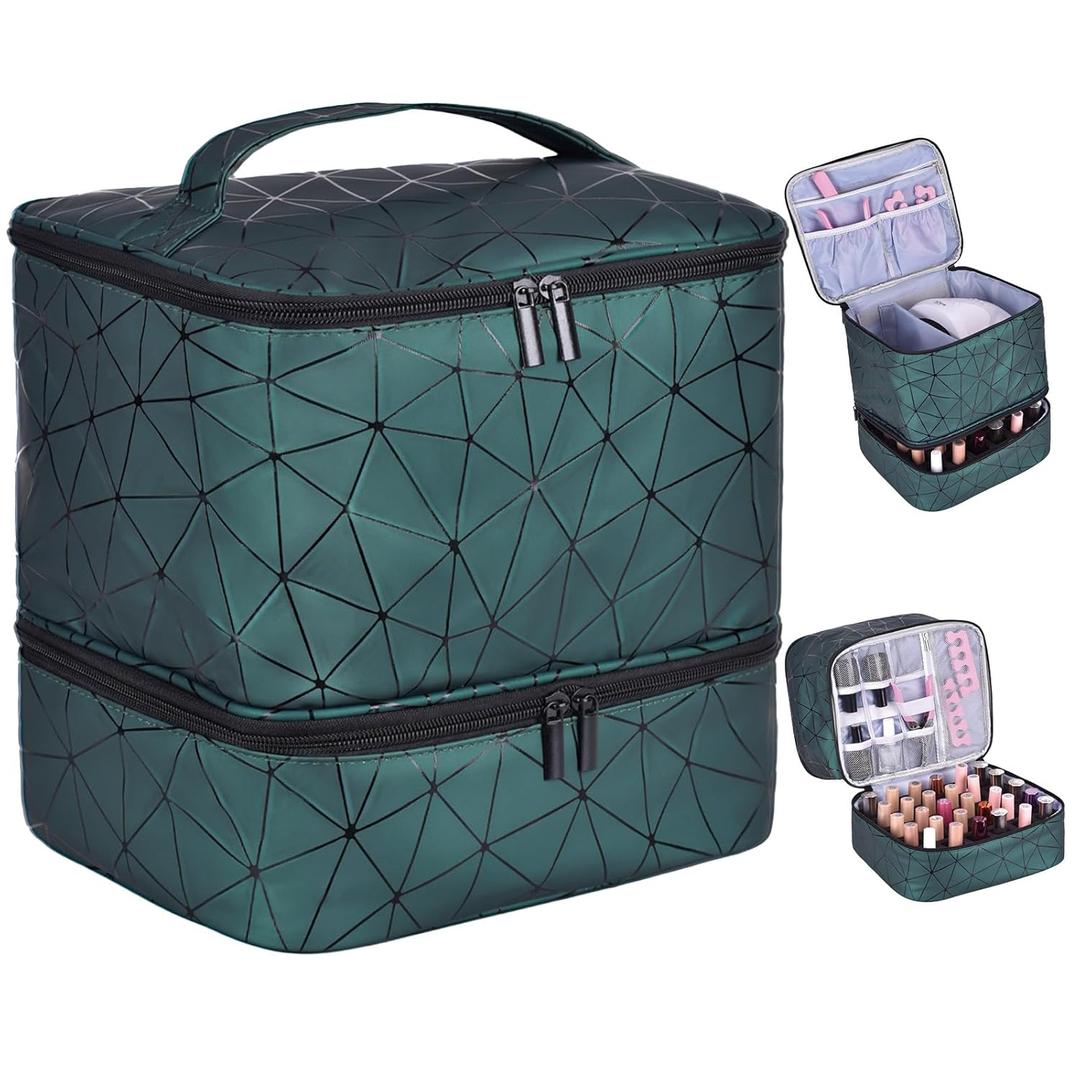 PU Leather Nail Polish Organizer, Double Layer Nail Polish Storage Holds 30 Bottles (15ml/0.5fl.oz) & Nail Lamp, Portable Nail Bag Organizer Case for Nail Tech Travel & Manicure Kit (Green)