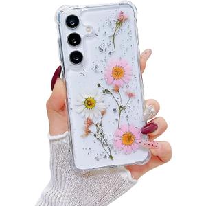 Compatible with Samsung Galaxy S25 Case Cute Pressed Dried Real Flowers Design Women Girly Shockproof Glitter Floral Clear Phone Cover for Galaxy S25 (Pink Flower)