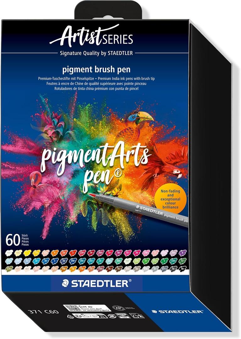 STAEDTLER Pigment Arts Multi Ink Brush Pen: 60 Colors, Fiber-Tip Pens With Brush Nib, Permanent, Waterproof, No Bleed Pens for Journaling, Coloring, Hand Lettering, Mixed Media