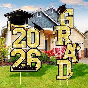 7 Pcs 2026 Graduation Decorations Yard Signs Congrats Grad Lawn Decor Class of 2026 Grad Congrats Grads Lawn Decorations with Stakes for Outdoor Indoor Party Graduation Garden Supplies(Gold)