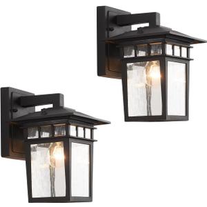 Outdoor Wall Lantern, Exterior Lighting Fixtures Wall Mount, 2 Pack Black Outdoor Sconce with Seeded Glass, Exterior Porch/Patio Lights for House Front Door Garage, 10.2 inches