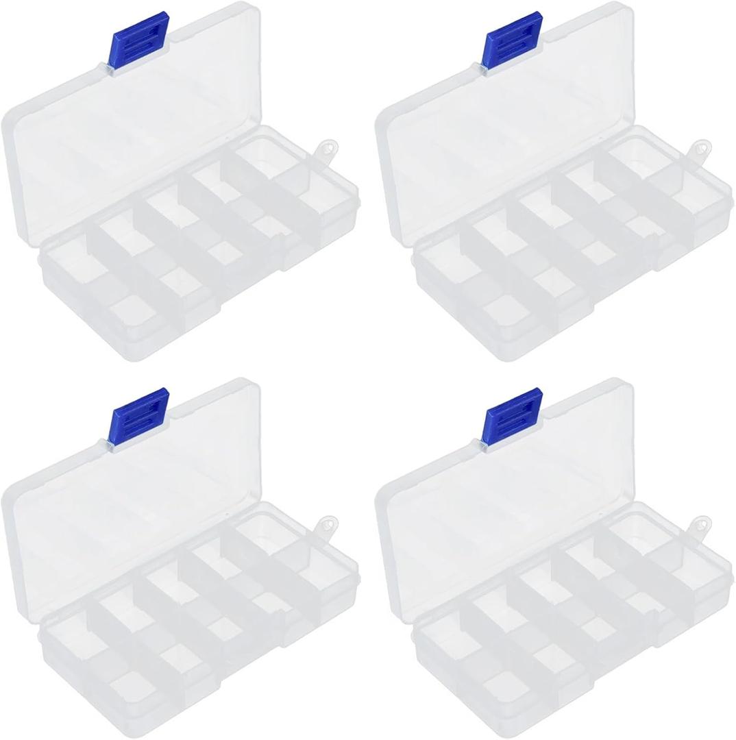 4 PCS 10 Grids Plastic Organizer Box with Dividers, Small Clear Tackle Container, Candy Large Bead Compartment