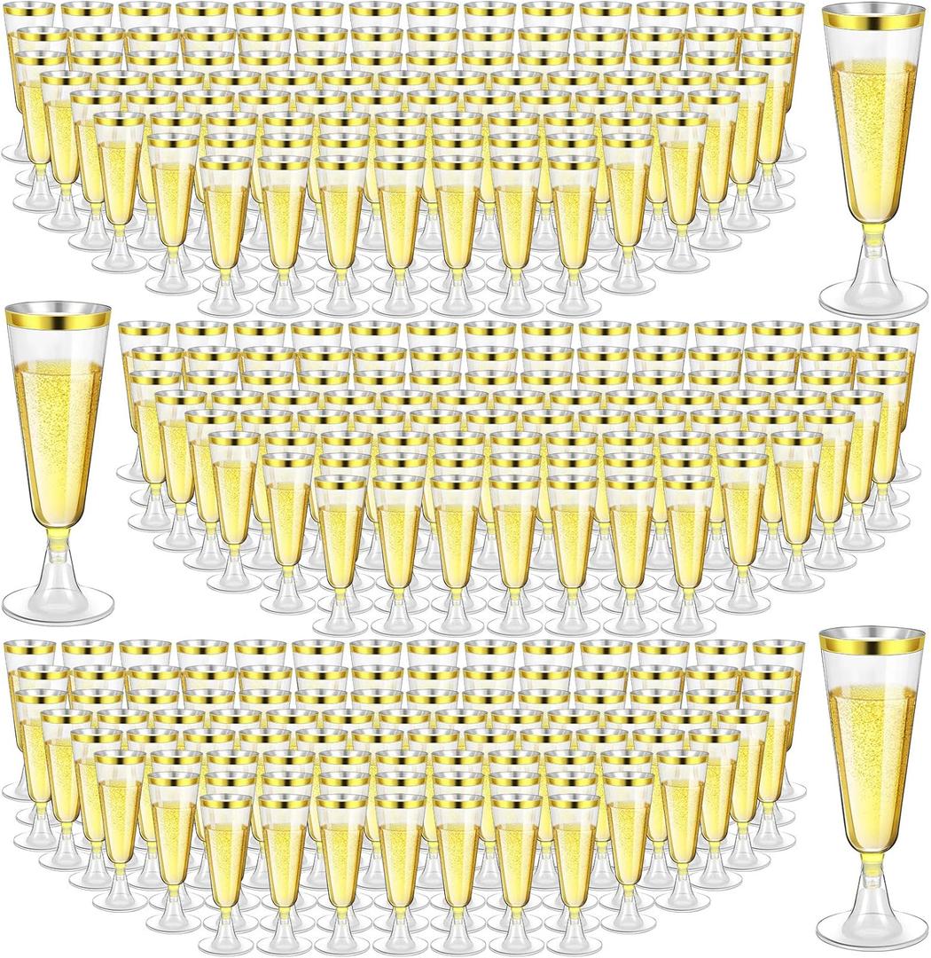 Gerrii 300 Pcs Plastic Champagne Flutes Bulk, 4.5 oz Clear Disposable Champagne Flutes, Rimmed Toasting Glasses for Wedding Birthday Anniversary Celebration Party Wine, (Gold Rim)