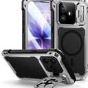 Lanhiem Magnetic for iPhone 17 Metal Case, [Built-in Camera & Kickstand] Compatible with MagSafe, Heavy Duty Rugged Full Body Military Protective Cover with 9H Glass Screen Protector, 6.3", Silver