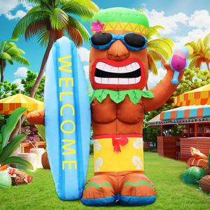 DomKom 5FT Tiki Luau Inflatables, Tiki with Surfboard and Wine Glass, Hawaiian Summer Tropical Beach Blow up Party Decor Party Giant Yard Decoration, Outdoor Built-in LED Lights Lawn Holiday Outside