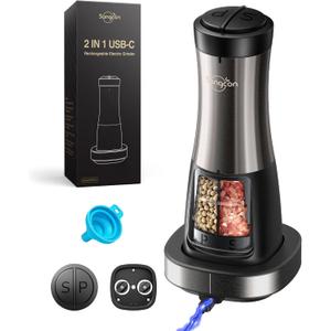 Sangcon Electric Salt and Pepper Grinder Set Shaker 2 IN 1 - USB RECHARGEABLE Salt and Pepper Mill with Charging Base, Adjustable Coarseness Automatic Grinder with Light, House Warming Cooking Gifts