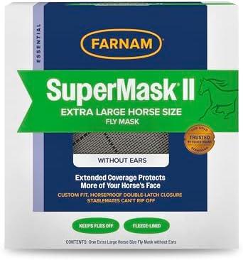 Farnam SuperMask II Fly Mask Without Ears for Larger Horses, Full Face Coverage and Eye Protection from Insect Pests, Structured Classic Styling Mesh with Plush Trim, XL Size