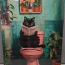 Funny Black Cat Bathroom Wall Art Decor, Funny Black Cat Reading Newspaper On The Toilet Canvas Artwork Print, Tropical Cat Canvas Wall Art for Bathroom Toilet Restroom Washroom Wall Decor 16x24''