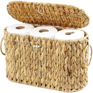 Toilet Paper Storage Basket with Lid, Water Hyacinth Slim Toilet Paper Holder - Holds Up to 6 Mega Rolls, Wicker Basket for Bathroom Accessories Decor Organizer