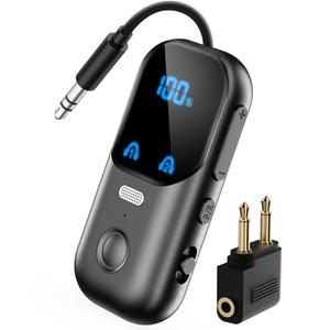 Bluetooth 5.4 Transmitter Receiver for 2 AirPods/Headphones, 2-in-1 Airplane Bluetooth Adapter with Mic for Hands-Free Calls, Low Latency, Wireless Audio Adapter for Travel Flight TV Speakers