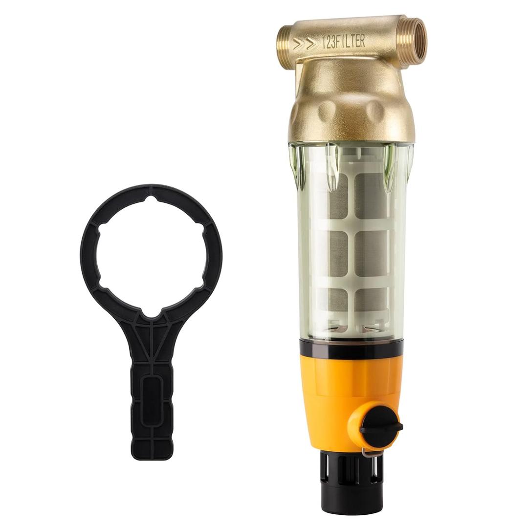 iSpring WSP100B Large Reusable Whole House Spin Down Sediment Water Filter with Built-in Housing Scraper and Brass Top Clear Housing, 100 Micron