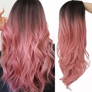 Ombre Pink Curly Long Wavy Wigs for Women Synthetic Hair Wigs Dark Roots Hair Women Wig Cosplay Halloween Party Daily Costume(Pink)