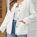Saodimallsu Women's Chunky Knit Cardigan Button Down Crewneck Long Sleeve Cropped Sweater with Pockets (White, M)