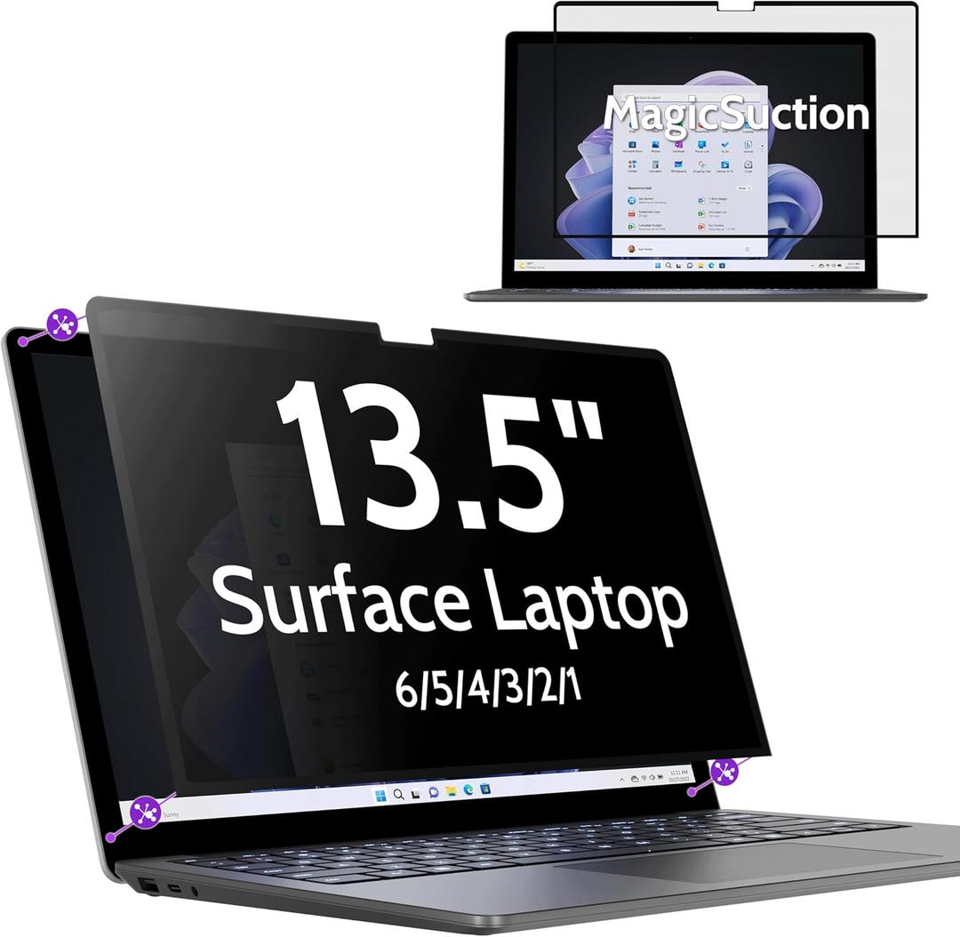 Privacy Screen for 13.5 Inch Surface Laptop 6/5/4/3/2/1, MagicSuction Removable Anti Spy Black Protector, Glare Blue Light Filter for Microsoft Laptop Computer Monitor
