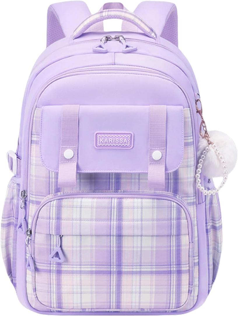 Cute Backpack for Girls, Large Capacity Kids Bookbag for Elementary Middle School Students Waterproof Kawaii Preppy Aesthetic Plaid Backpack Age 4-16 with Cute Accessories (Purple)