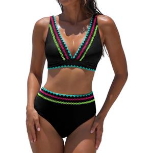 popvil High Waisted Bikini Set for Women Two Piece Tummy Control Swimsuit Color Block Bathing Suit Beach Vacation 2026 XL