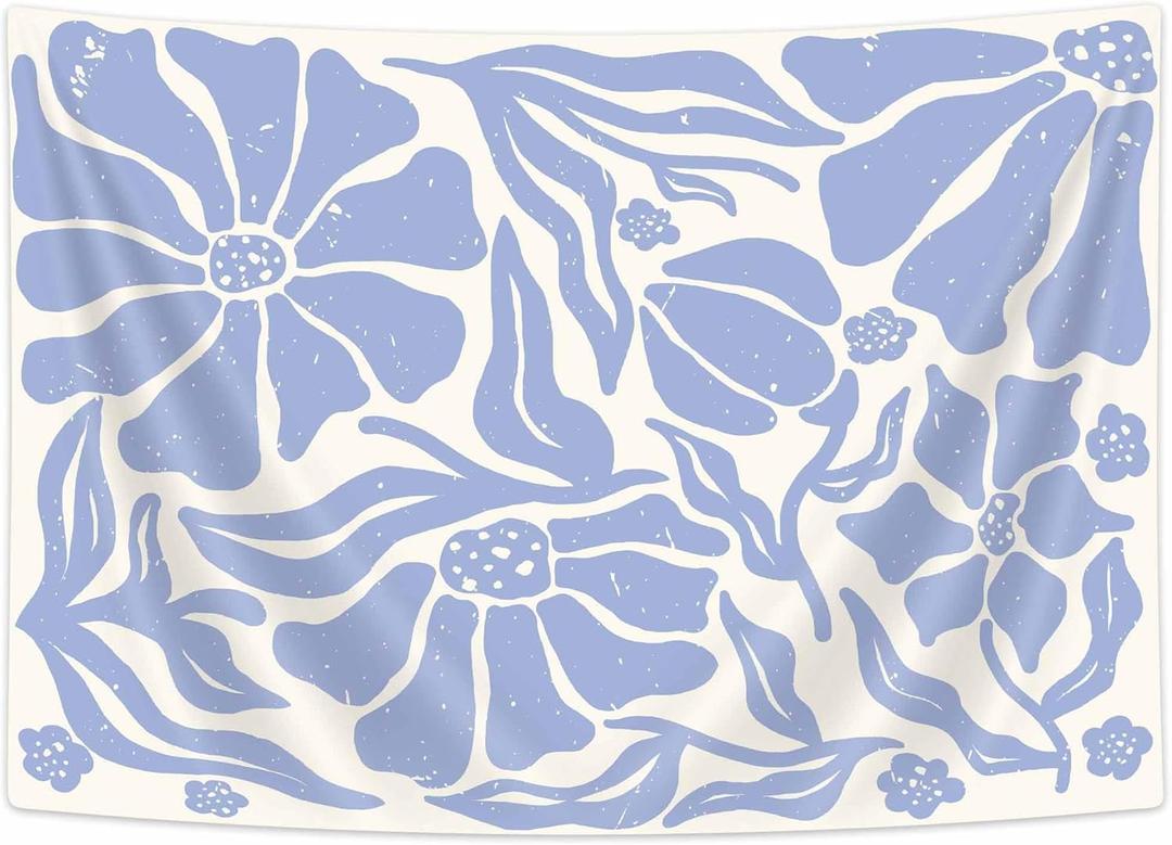 Uokiuki Boho Floral Tapestry, Vintage Retro Minimalist Abstract Cute Flower Botanical Tapestry Wall Hanging, Mid Century Floral Aesthetic Tapestries for Bedroom Living Room Dorm, 60x40 Inch (Blue)