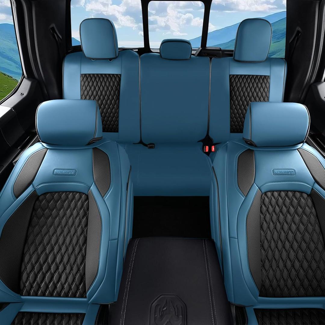 Coverado Dodge Ram 1500 Full Set Seat Covers, Waterproof Leather Car Seat Covers Fit for 2010-2023 2500 3500 Dodge RAMfor Trucks Ram Accessories Full Coverage, Front&Flat Rear/Blue