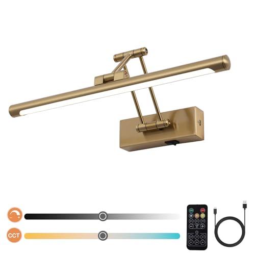 Battery Picture Lights for Wall, Rechargeable Gallery Light Wireless Art Display Lights with Dual-Rods Swing Arm Brass Painting Light with Remote & Timer 3CCT Dimmable Wall Sconces for Portrait 16”