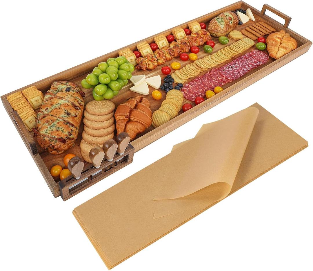 Large Charcuterie Board with Cheese Knife Set, 36 x 12 Inch Acacia Wood Large Serving Tray with Handles, Long Wooden Serving Board with 30Pcs Wax Paper, 3ft Extra Long Cheese Board