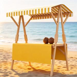 Market Stall Frame Carts Width 59" Outdoor Pine Wood Street Food Vendor Cart with Canopy Folding Vendor Stall Cart with Wheels for Beaches or Festivals (Orange)