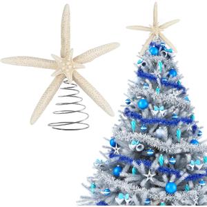 Lenwen Natural Starfish Christmas Tree Topper 8.7'' Beach Nautical Coastal Christmas Tree Topper Decoration Rustic Large Starfish Treetop Ornaments for Xmas Holiday Indoor Decor(White,Classic Style)