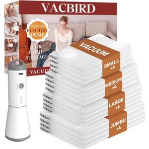 Vacbird Vacuum Seal Bags for Clothing, 16 Pack Vacuum Storage Bags with Rechargeable Cordless Air Pump(4J+4L+4M+4S), Space Saver Bags for Clothes Blanket Duvets Pillows Comforters Travel, 4.13 Inches X 6.3 Inches X 11.22 Inches