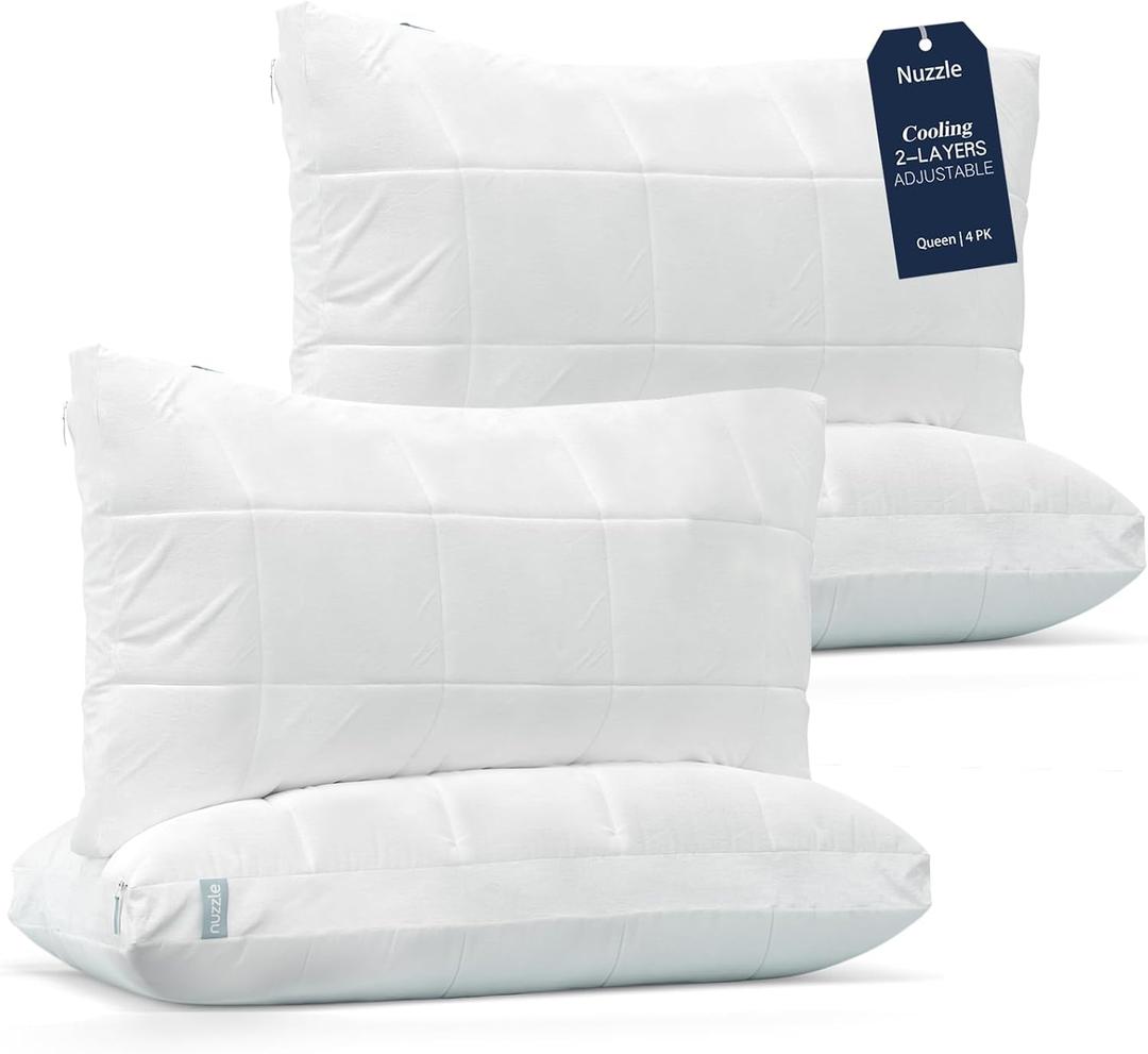 Nuzzle Cooling Adjustable Pillows for Side Sleepers, Luxury Queen Size Set of 4 Bed Pillows Hotel Collection - Best Adjust Height Soft Firm Pillows for Back, Stomach and Side Sleepers (White)