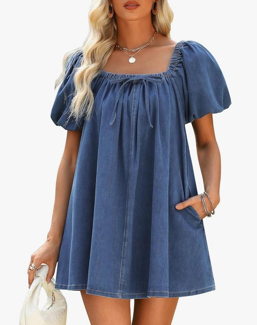 Denim Dress for Women, Puff Short Sleeve Jean Dress Square Neck Denim Romper with Pockets, S