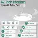 Retractable Ceiling Fans with Lights and Remote, 42 Inch White Chandelier LED Fan, 20W Energy Saving,Memory Function,Timer Setting,Ultra Quiet Invisible Blades Fan for Kitchen, Bedroom, Large